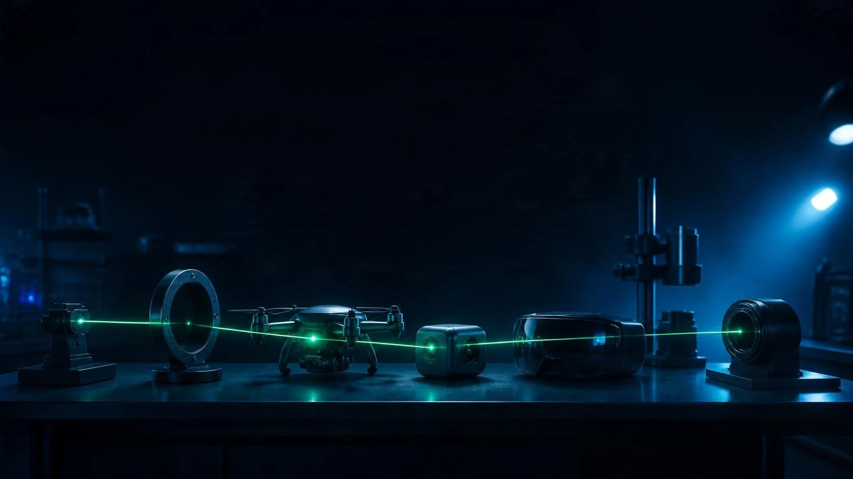 Ilustração de uma bancada de teste escura com aparelhos alinhados e um feixe de laser verde-menta passando por todos eles.